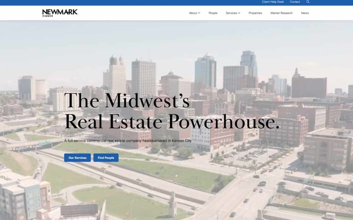 Newmark Zimmer website homepage with the headline “The Midwest’s Real Estate Powerhouse” over the Kansas City skyline.