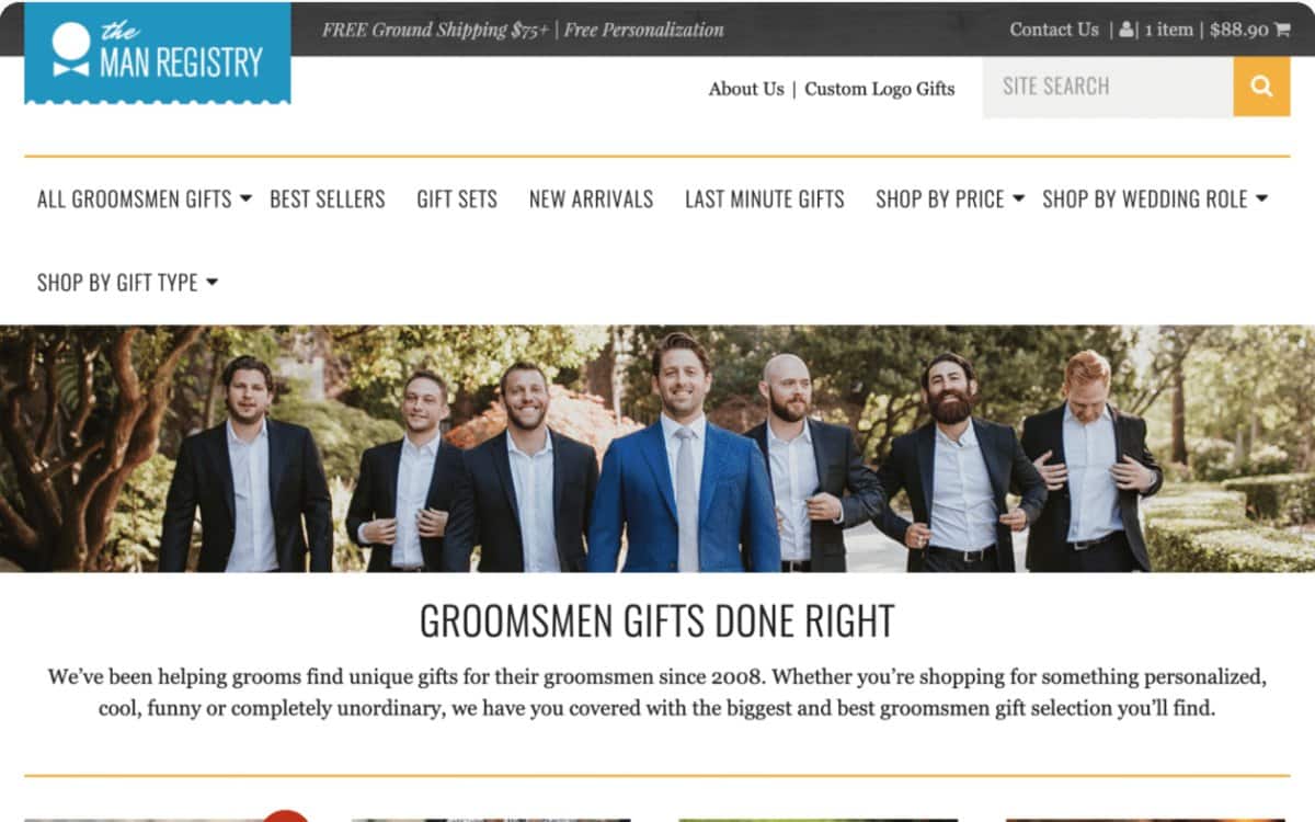 The Man Registry website homepage with the headline “Groomsmen Gifts Done Right” above a photo of groomsmen in suits.