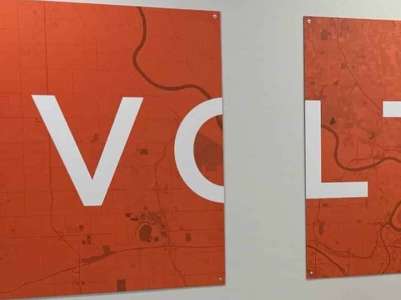 VOLTAGE letter wall panels in the Kansas City office